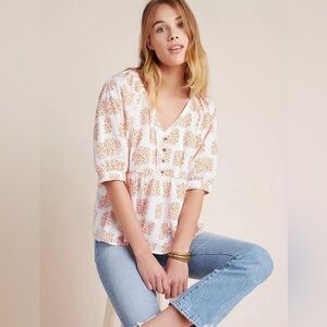 Anthropologie Moglea Danae Poplin Floral Motif Babydoll Blouse XS Feminine‎